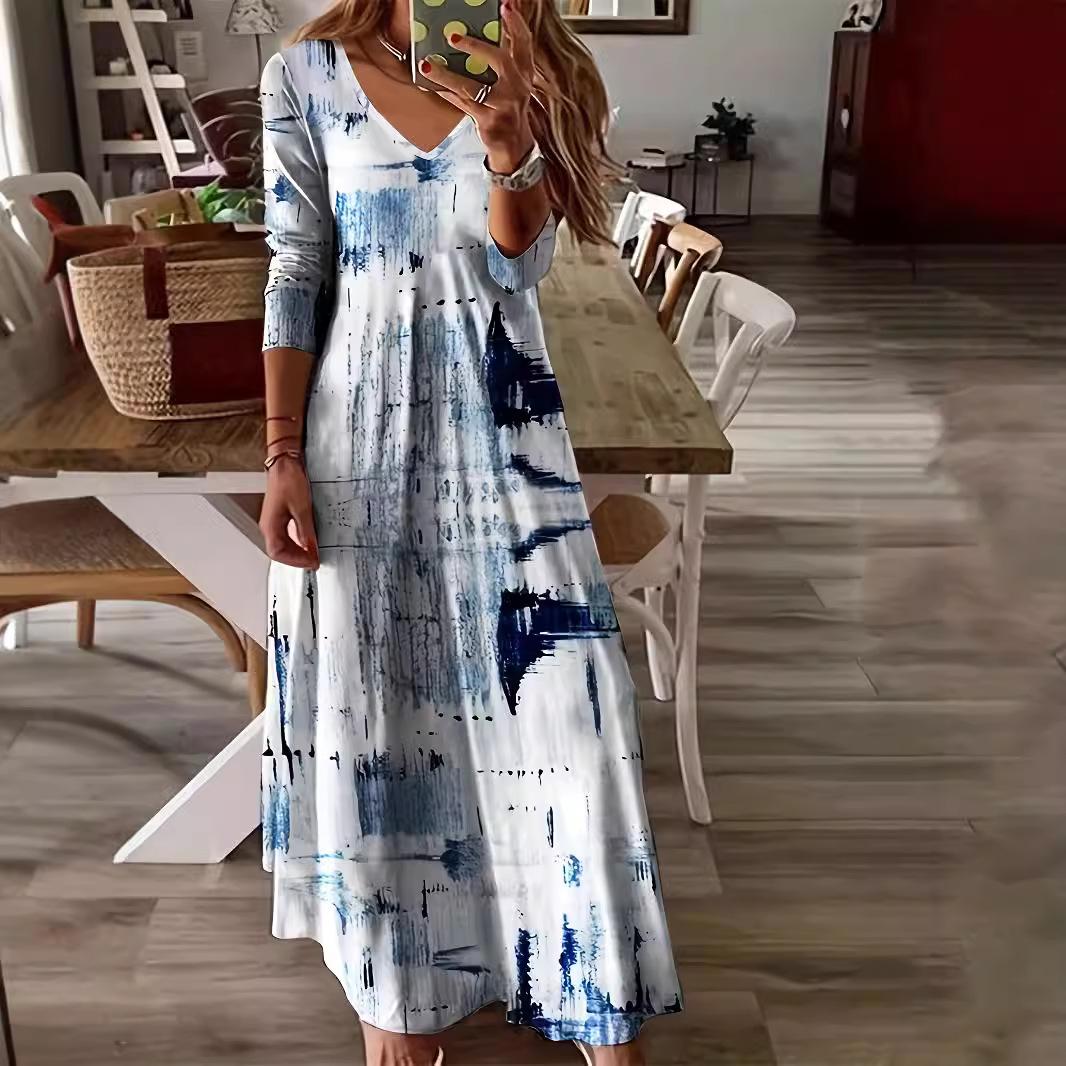 

Женское длинное платье с длинными рукавами и V-образным вырезом, больших размеров с принтом XXXL белый