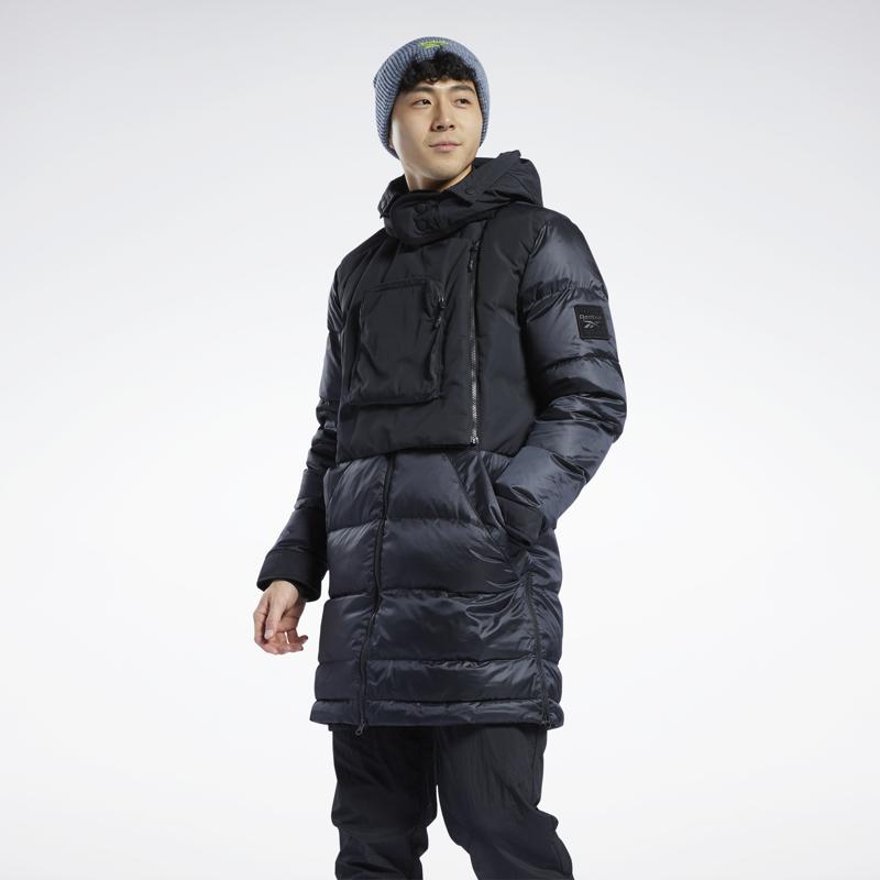 Reebok Einfarbige lange Kapuzen-Casual-Warm-Daunenjacke Herren Oberbekleidung Schwarz GU5756