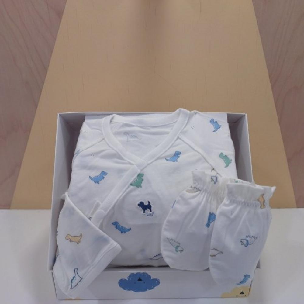 Bluedog Набор: Детская модальная пижама-халат Динозавр и варежки  46170 001 01+46170 008 08 white/Newborn60