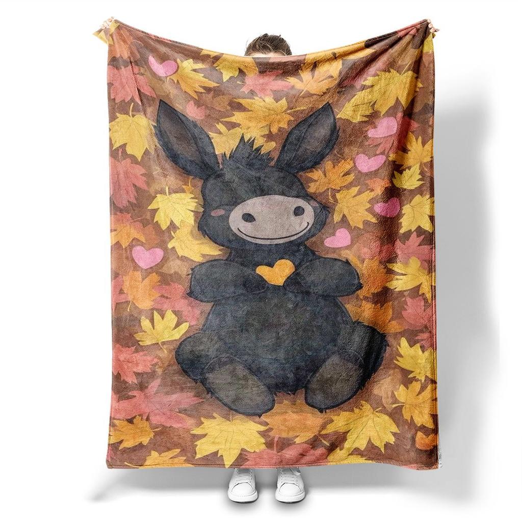 Cute Donkey Autumn Leaves Flannel Throw Blanket Soft Cozy Fleece for Home Office Sofa All Season Gift 150x200cm