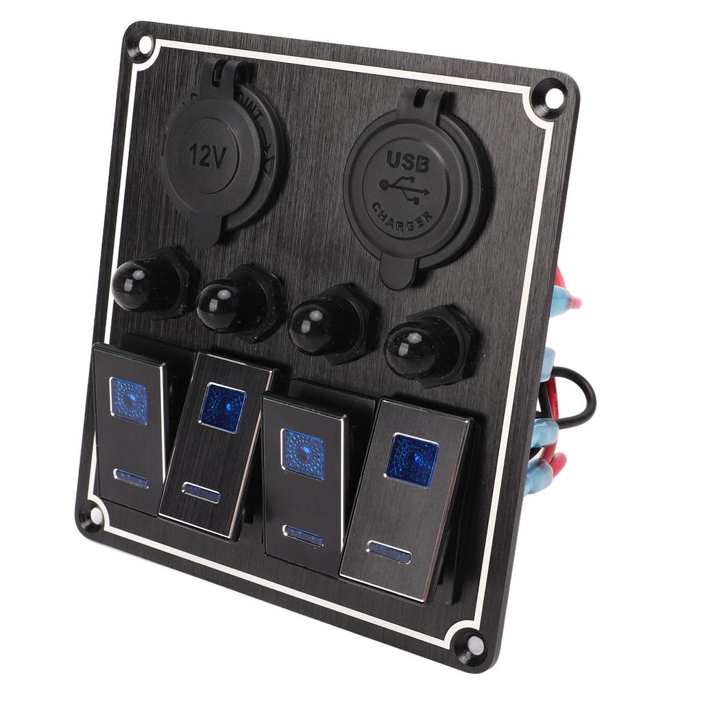 4 Gang Rocker Switch Panel with USB Cigarette Lighter Socket Toggle ON Off Combination Switch Panel for Caravan Yacht