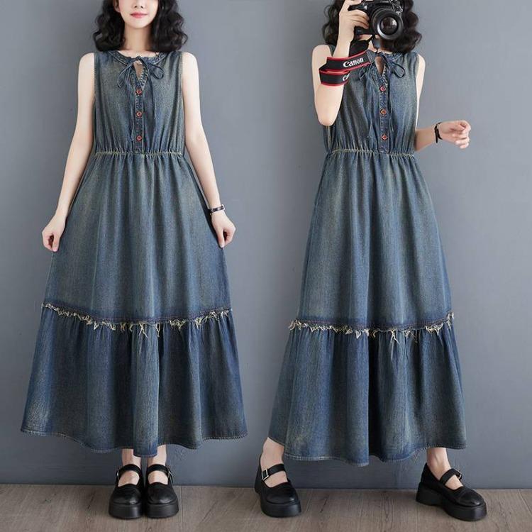Oversized Summer Denim Dress Plus Size Women Sleeveless Vintage Long Casual Loose Pleated Dress