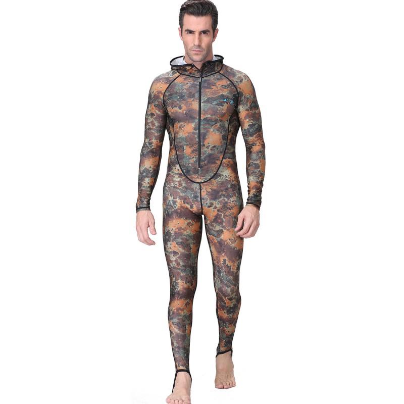 Mens Camo Rash Guard Wetsuit With Hood UV Protection Diving Surfing Snorkeling Water Sports