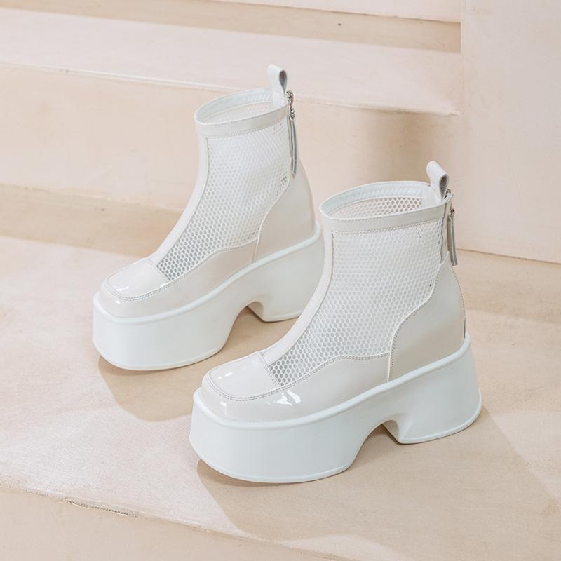 Leather Mesh Martin Boots Women's Thick Soles 2025 New Summer Hollow Breathable Mesh Boots Women's Heightening Boots Short Boots