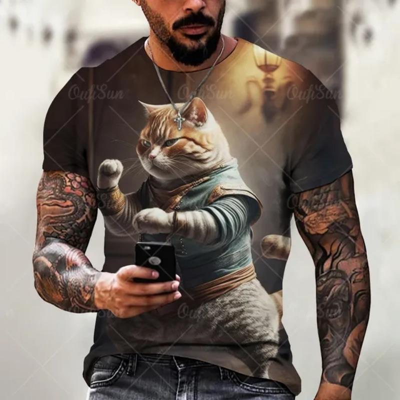 Men's T Shirts Japanese Samurai Cat Printed T-Shirt Funny 3D Animal Graphic T-Shirts  Casual O-neck Loose Tops Short Sleeve Tee