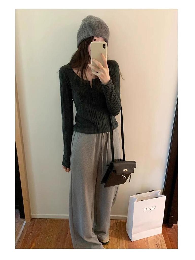 Women's Retro U-Neck Slimming Long-Sleeve Ribbed Knit Top, 2025 Autumn/Winter Collection