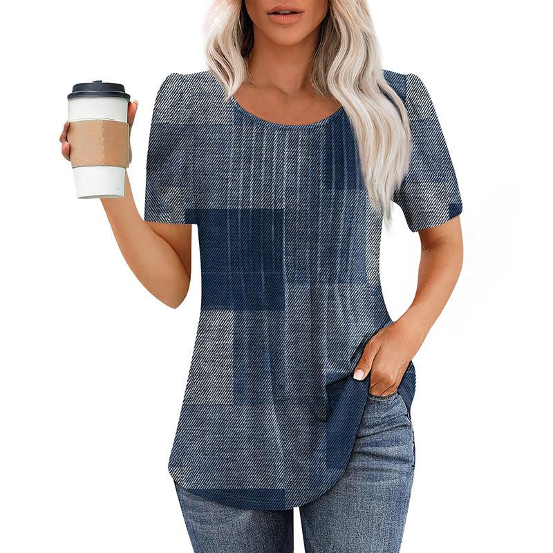 European And American Women's Tops New Style Pleated Round Neck Short-sleeved T-shirt Women's Shirt