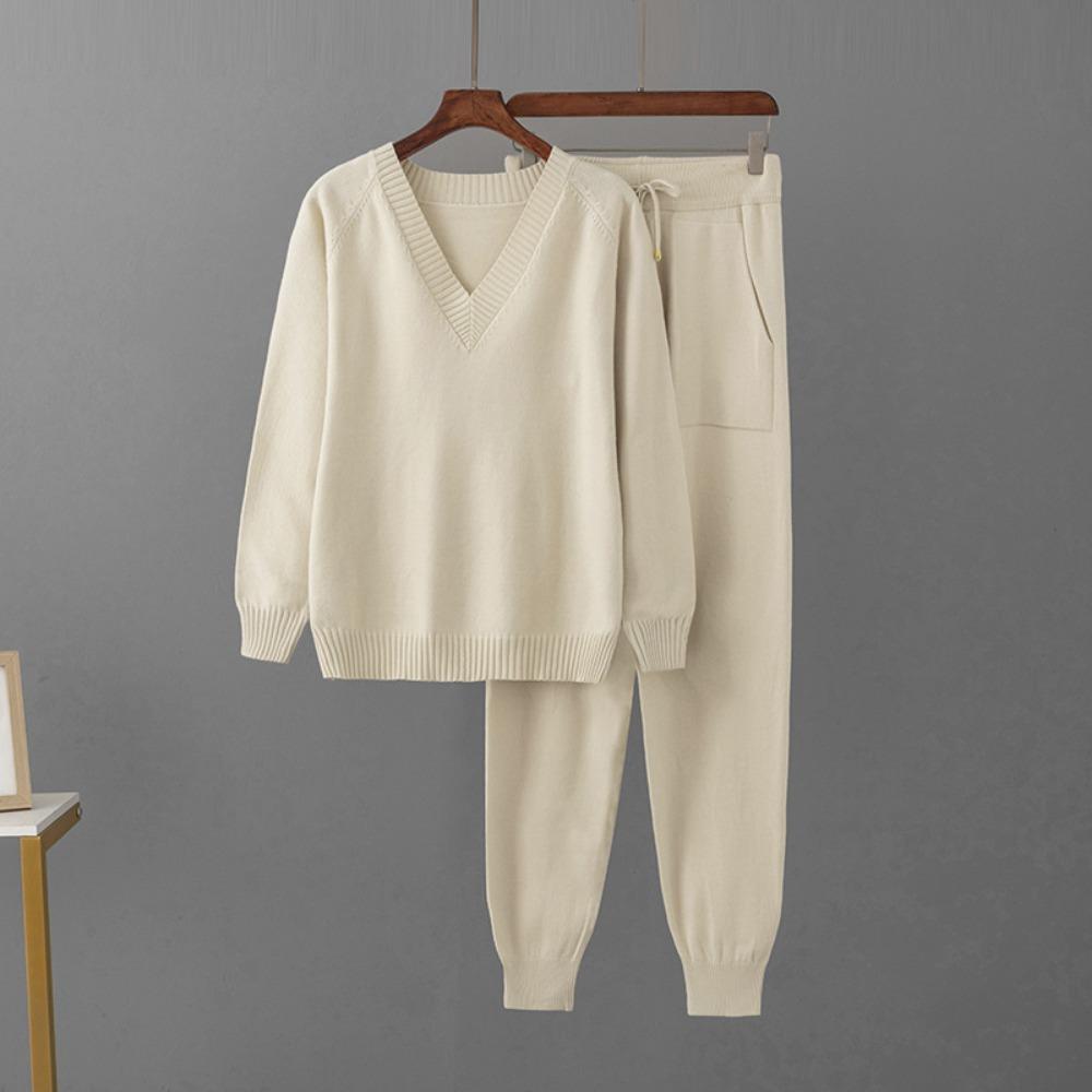 Women's  Autumn Winter  V Neck Sweater Two Piece Set  Knitted Pants Suits Fashion Casual Pullover Tracksuits Outwear
