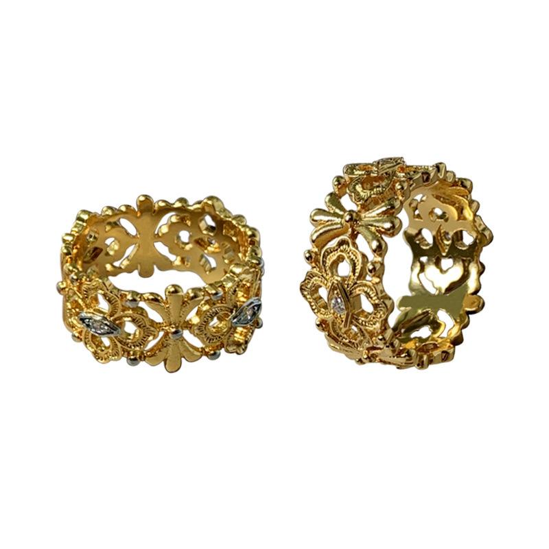 Italian Craft Geometric Hollow Clover Ring Female, Court Vintage 18K Gold Diamond Ring