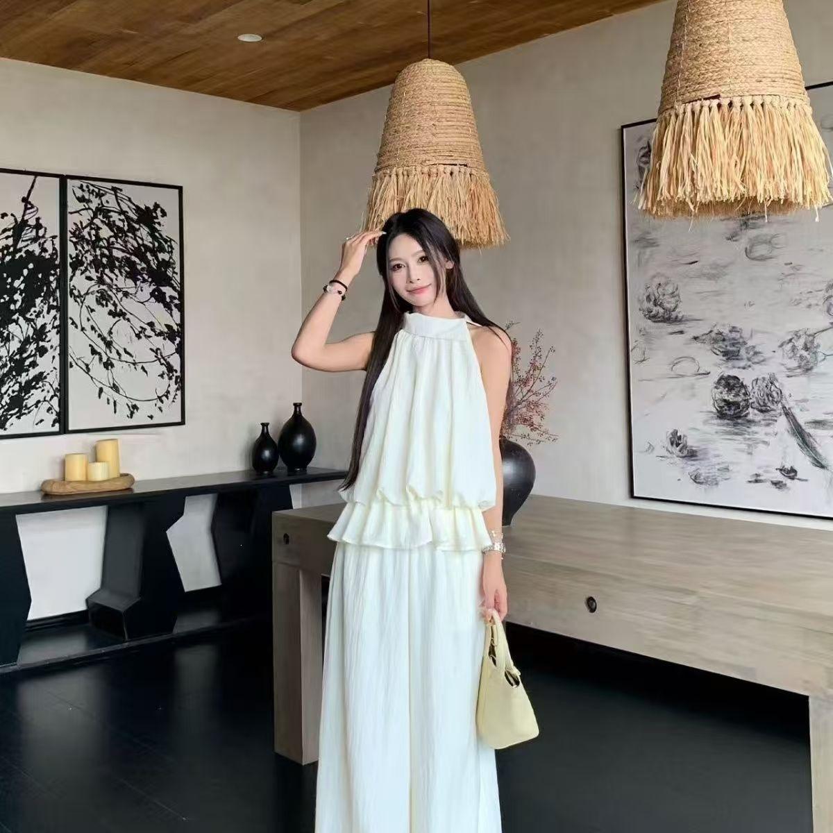 New product neck ruffle edge sleeveless top drape wide-leg pants set women s summer loose and thin two-piece set S