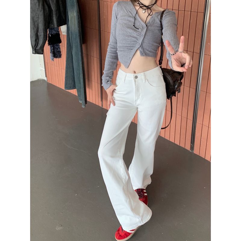 Kumikumi White Straight-Cut Casual Denim Female 2025 Fall High Waist Loose Loose Pants Easiest for Match Mop Pants