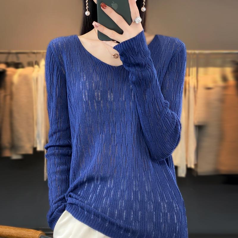 Neues V-Ausschnitt Hollow Bottoming Shirt Damen Pullover Kammgarnwolle leicht transparent lässig locker Pullover Top