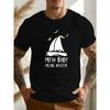 "Mein Boot Meine Regeln" German Crinkle Design, Casual Black Short Sleeve Tee with White Sailboat & Bird Graphic, Breathable Summer Fabric