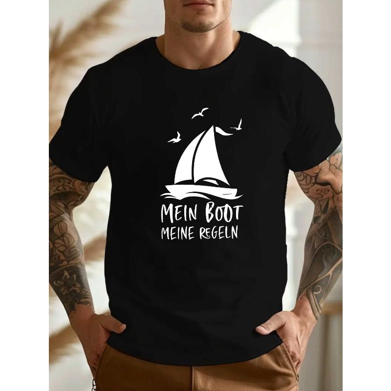 

Mein Boot Meine Regeln German Crinkle Design, Casual Black Short Sleeve Tee with White Sailboat & Bird Graphic, Breathable ... S разноцветный