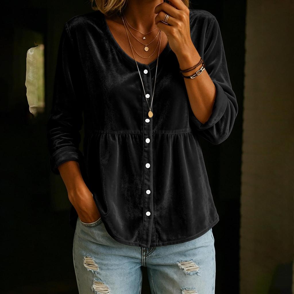 Women's Casual Velvet V-Neck Long Sleeve Top for Everyday Wear