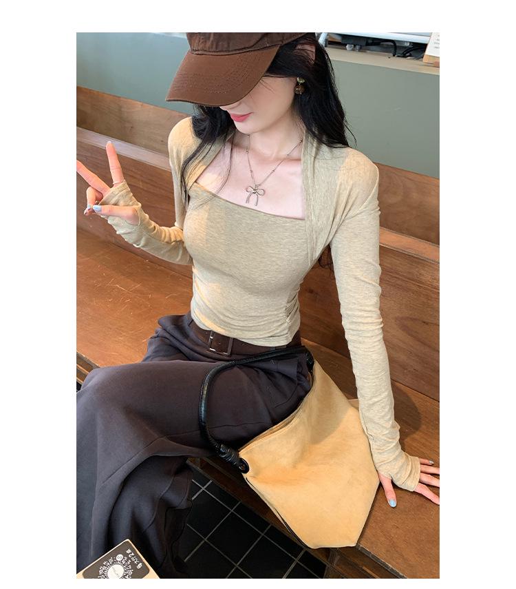 Women's European Tencel Wool Square Neck Long Sleeve Slim Fit Top - Autumn/Winter 2025