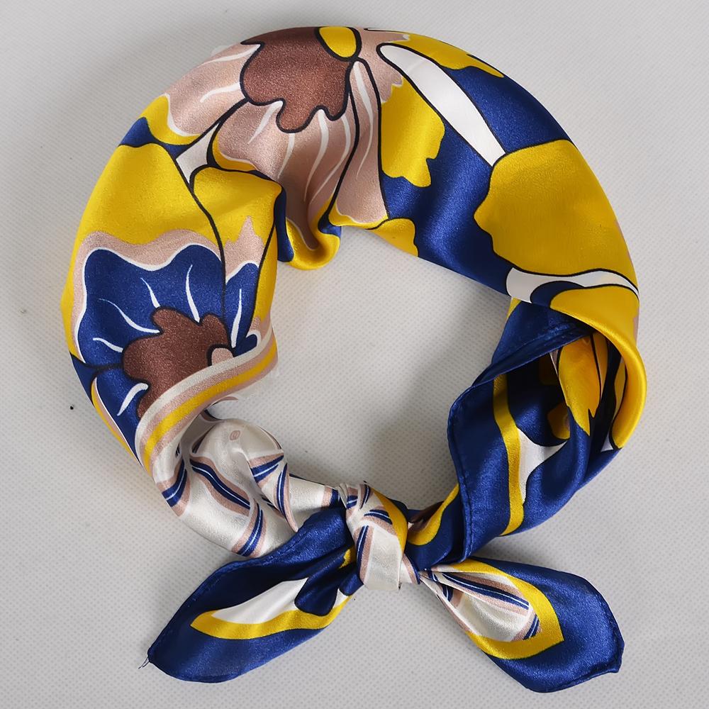[BYSIFA] Blue Yellow Women Fashion Plaid Pattern 100% Silk Scarf Small Square Scarves Elegant Floral Ladies Hair Accessories