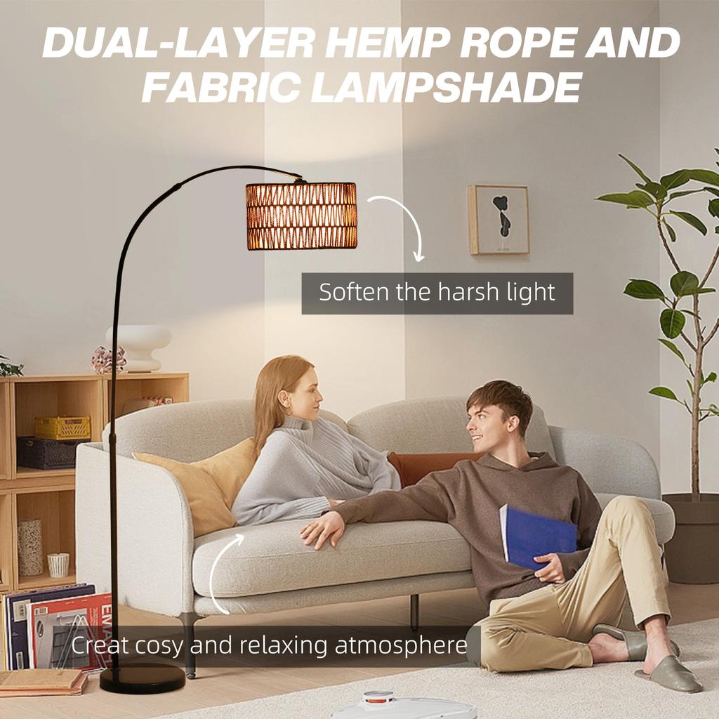 Rattan Floor Lamp for Living Room, Farmhouse Arc Standing Lamp with Dual-Layer Shade & Foot Switch