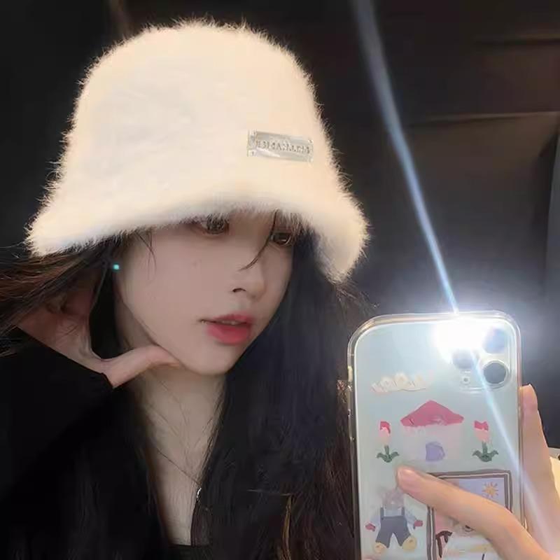 Face rabbit fur autumn and winter bucket hat versatile big head circumference basin hat white bucket plain hat warm plush basin hat