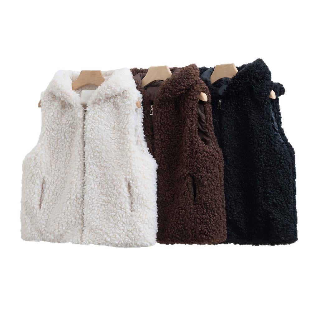 Retro Coffee Imitation Lamb Wool Hooded Granular Plush Vest Jacket Women's Autumn and Winter New Fashion Warm Top