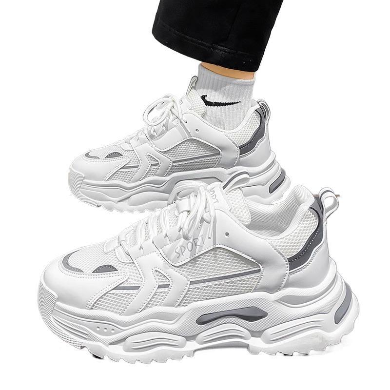 White Mesh Height-Increasing Men's Sneakers - Thick-Soled Casual Running Shoes for Autumn/Winter 2025