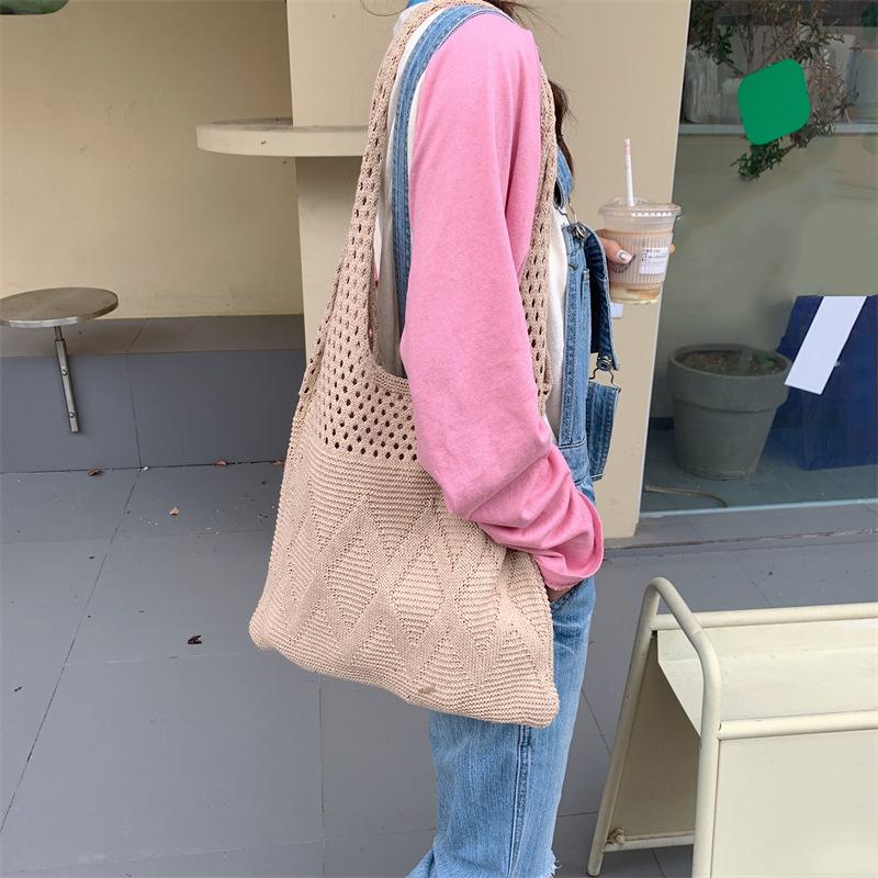 Yogodlns Wool Knitted Shopping Tote Bag for Women Vintage Cotton Girls Shoulder Bag Large Capacity Female Handbag Crochet Bag