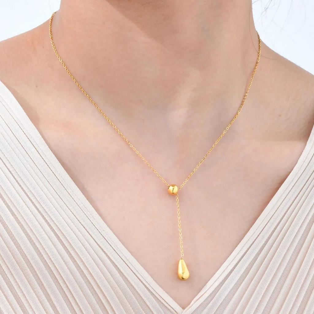 Minimalist Water Drop Y-shaped Necklace for Women,Flat Rolo Chain Stainless Steel Necklaces,Fashion Mother's Day Gifts