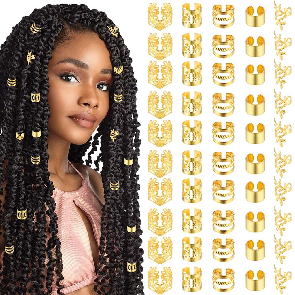 50pcs Gold Hair Jewelry for Braids Accessories Loc Jewelry for Hair Dreadlocks Adjustable Hair Rings Hair Cuff Hair Charms Braid Jewelry Hair Beads