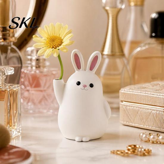 Animal Theme Decor 3D Printed Rabbit Vase Ornament, White Bunny Flower Holder Decorative Container, Shape Desktop Decoration for Home Office Dried