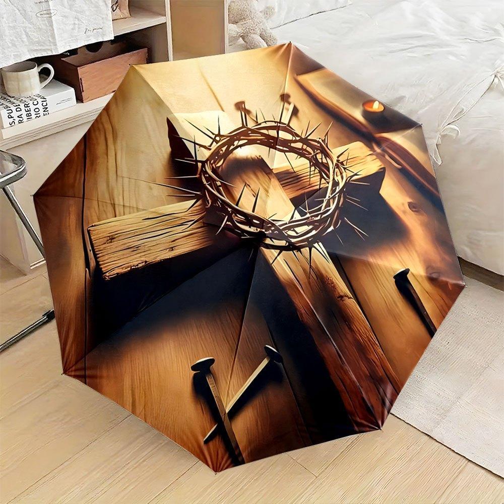 Open/Close Portable Folding Umbrella with 8-Rib Sturdy Canopy & Religious Icon Design (Wooden Cross & Crown of Thorns) - Compa