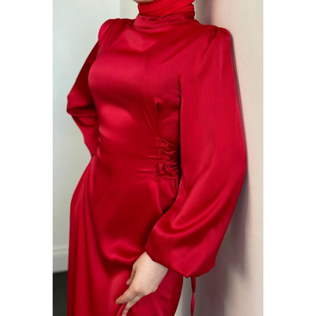 Elenor Waist Tied Satin Hijab Dress Red