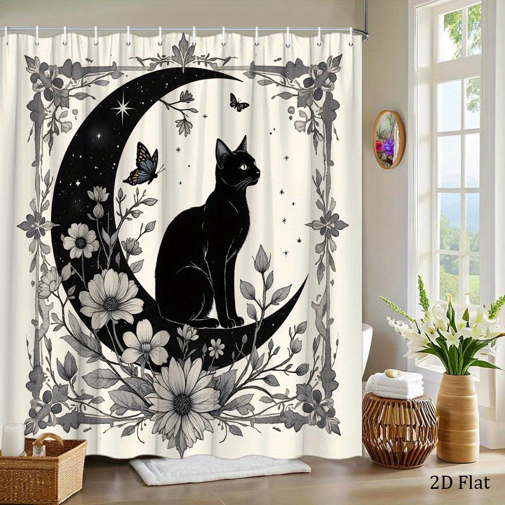 Mystical Cat Shower Curtain 180x180cm Crescent Moon with Black Cat, Floral Butterfly Night Design, Boho Bathroom Decor, 12 Hooks