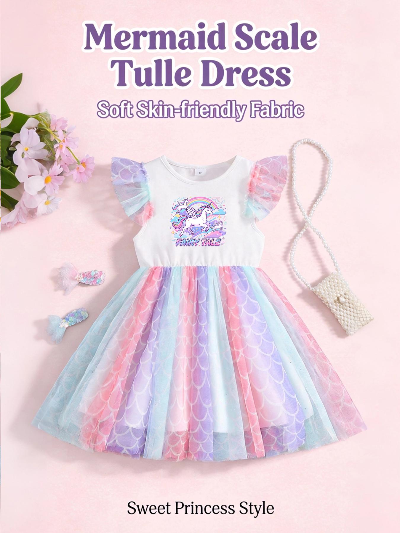 Trendy Girls Princess Dress, Unicorn Rainbow Print Kids Party Gown Dress 4Y