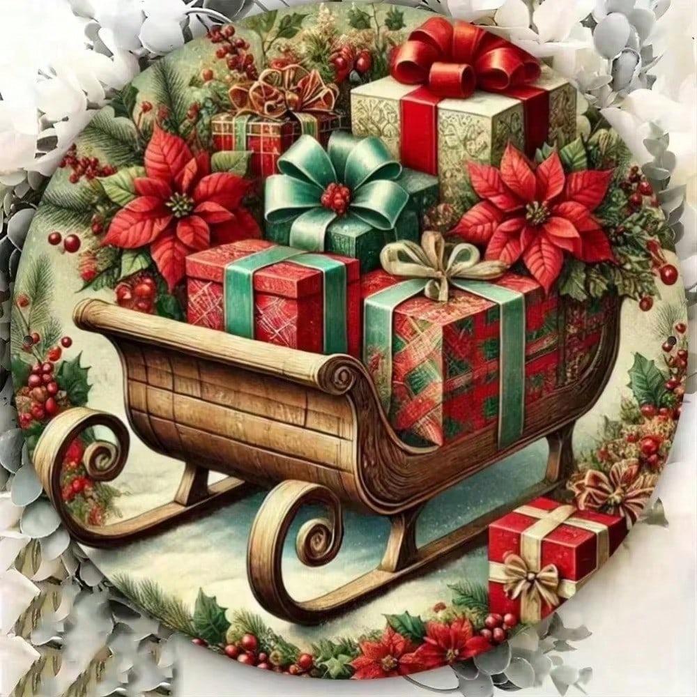 Christmas Metal Wall Sign Sleigh Round Vintage Tin Sign Holiday Home Bar Cafe Decor