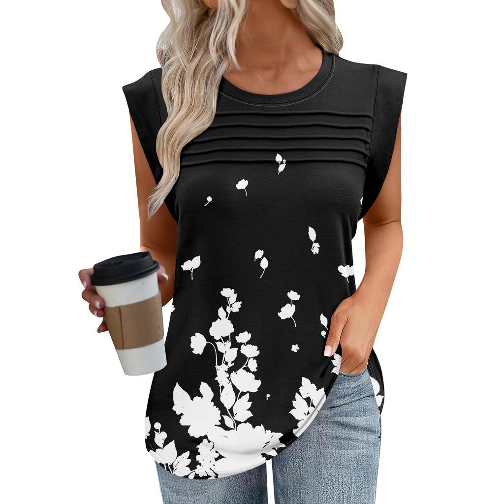 Damen Tanktop Sommer Festlich Lässig Lockere Passform Plissierte Shirts Kappenärmel T-Shirts