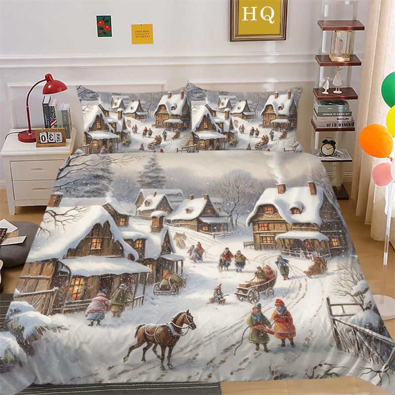 Christmas Snow Scene 3D Printed Polyester Pillowcase Quilt Cover Two Or Three Piece Set