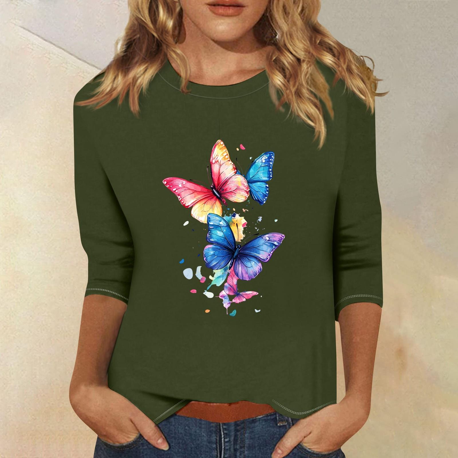 

3/4 рукава топы для женщин футболка повседневные принты топы футболка круглый вырез пуловер блузка S