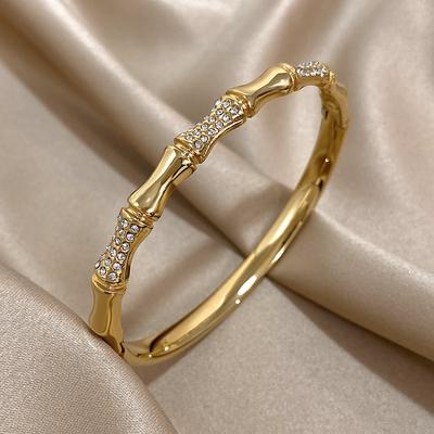 FLASHBUY Bamboo Stainless Steel Bangle, Gold Color, Inlay Rhinestone, Wrist Accessories, Statement Fashion, New Design