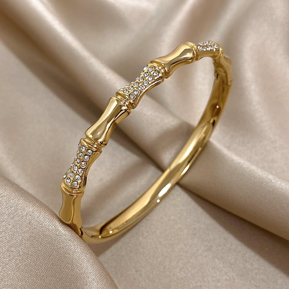 FLASHBUY Bamboo Stainless Steel Bangle, Gold Color, Inlay Rhinestone, Wrist Accessories, Statement Fashion, New Design