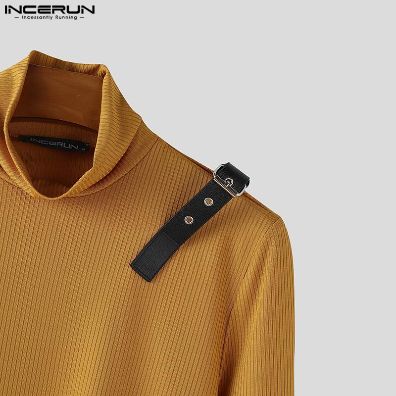INCERUN Men's High Neck Patchwork Long Sleeve Splits Irregular Rib T-shirts Undershirts