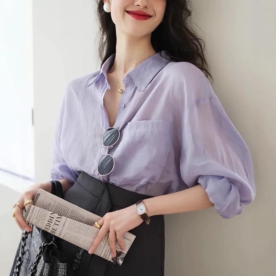 French purple cotton-linen shirt for women, early spring design, niche, high-end, casual, chic shirt top