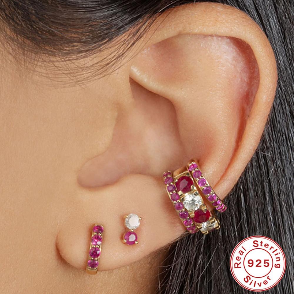 S925 Sterling Silver 4 Stone Combination Classic Simple Ear Buckle Earrings Earrings