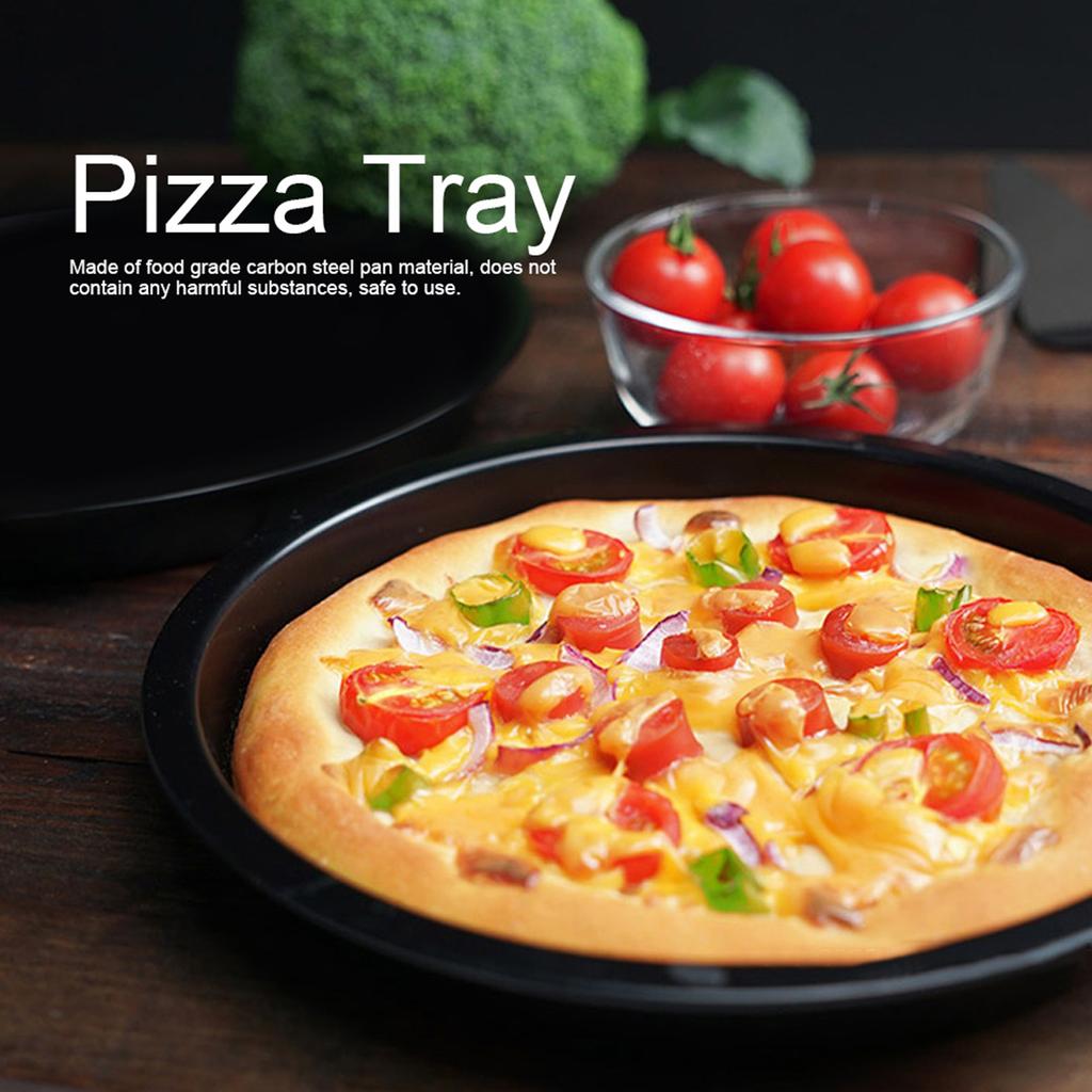 8in Kitchen Non-stick Black Carbon Steel Round Pizza Tray Baking Pan Plate Mold Tool