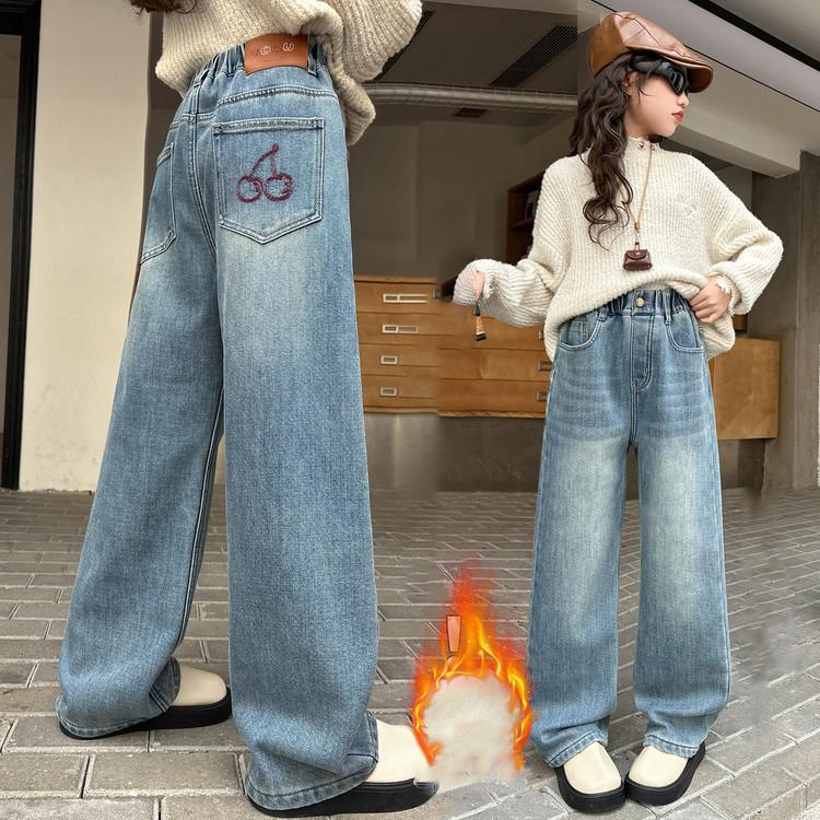 Kids Winter Thermal Patches Jeans Cherry Girls Loose Straight Insulated Denim Trousers Children Warm Fleece Pants