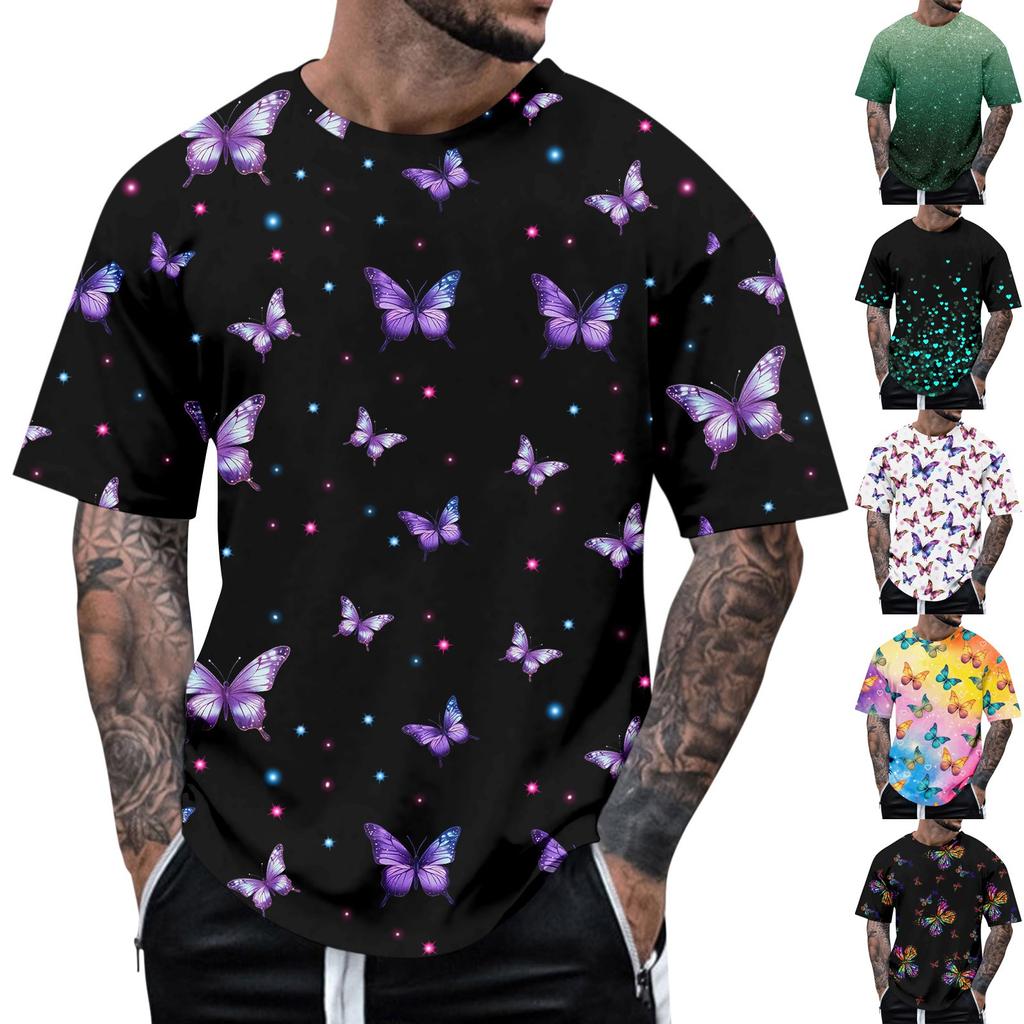 Fashion Men's Short Sleeve Round Neck Colorful Butterfly Printed Top Blouse