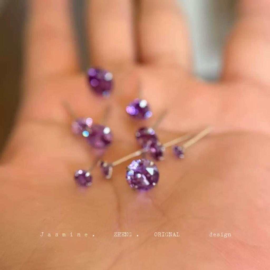 Beixi S999 Sterling Silver Zirconia Stud Earrings - Super Shiny, White & Purple, Versatile for Cartilage, Comfortable for Sleeping
