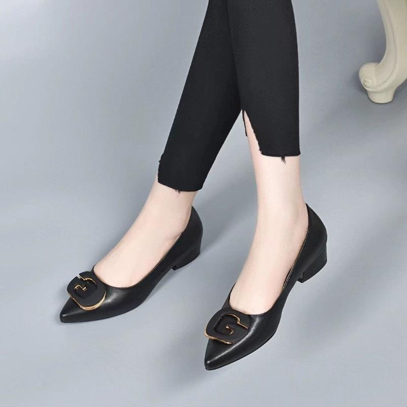 Fashion Women's Fashion Thin Heel Shoes Autumn New Shallow Mouth Pointed Head Metal Buckle Slip-on Wear-resistant High Heels
