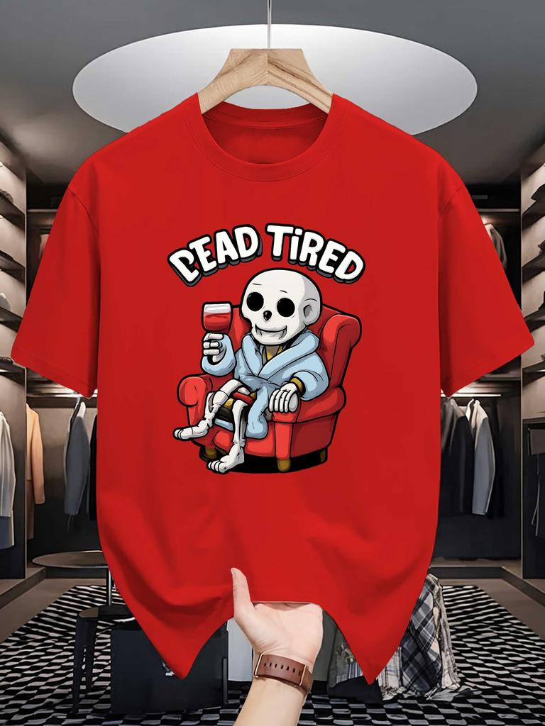 Unisex Crew Neck Tee Skeleton Dead Tired Text Graphic Print Soft Cotton Loose Short Sleeve Summer Casual Male Daily Streetwear Tops
