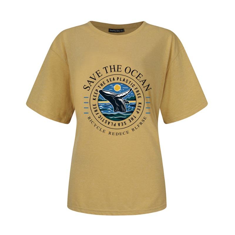 Spring Summer Whale Swimming Letter Pattern Printed Loose Fitting Cotton Short Sleeved Round Neck T-Shirts Women’s