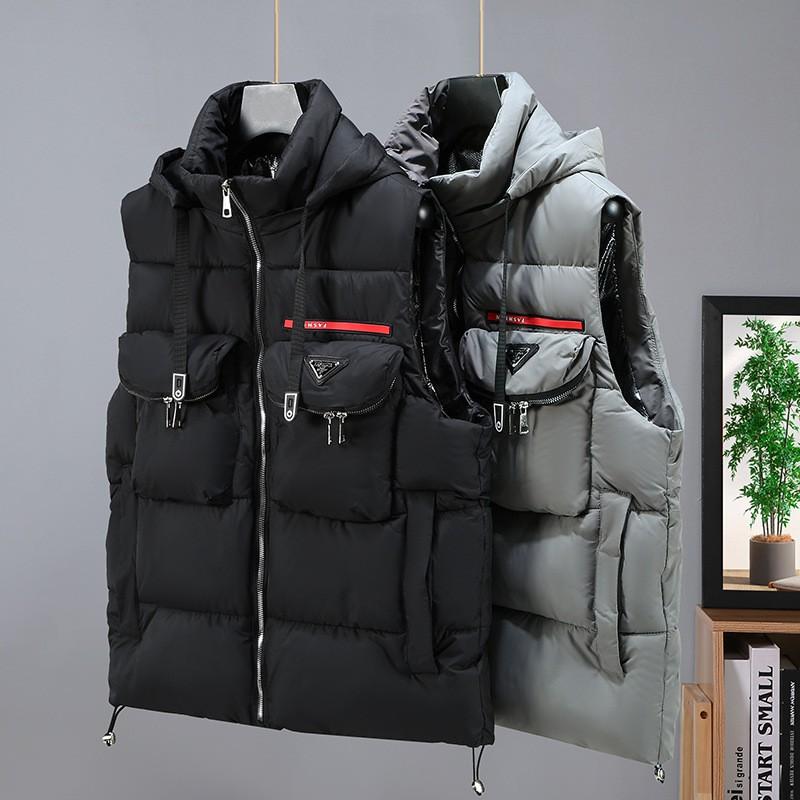 Mens Casual Hooded Vest Solid Color Multi-Pocket Slim Fit Winter Outerwear Young Adults